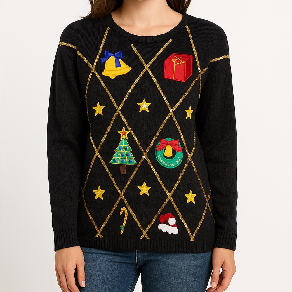 Vintage Work in Progress Ugly Christmas Sweater Women’s Large Sequin Applique